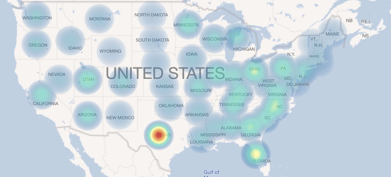 heat map of firearm shipments in the united states